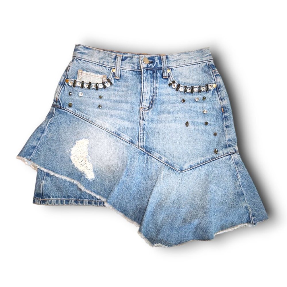 5/$100 SALE -  Ei8htdreams Asymmetrical Denim Embellished Mini Skirt